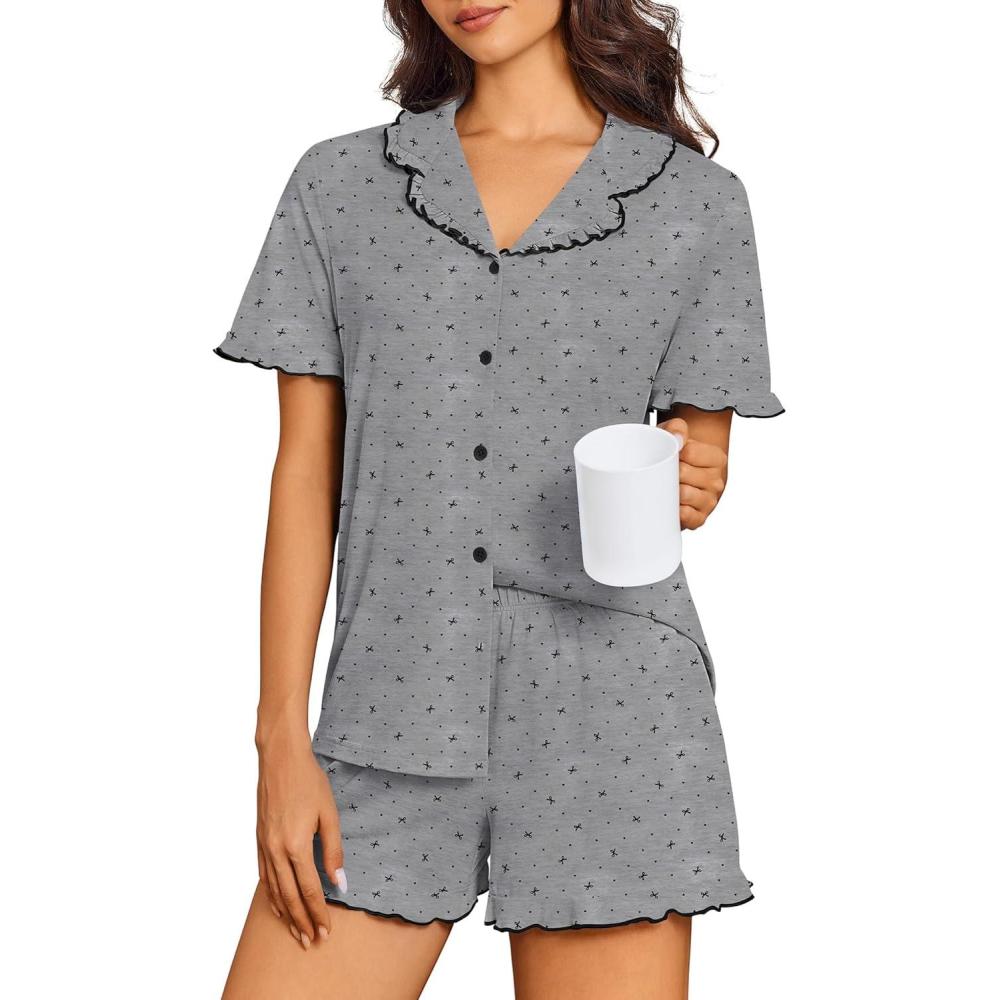 imageEkouaer Pajamas for Women Set Short Sleeve Button Down Pjs Cute Ruffle Sleepwear 2 Piece Soft Lounge SetsGrey Bow