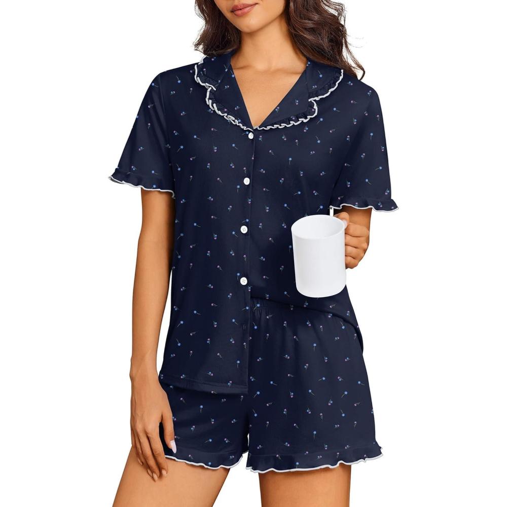 imageEkouaer Pajamas for Women Set Short Sleeve Button Down Pjs Cute Ruffle Sleepwear 2 Piece Soft Lounge SetsNavy Floral