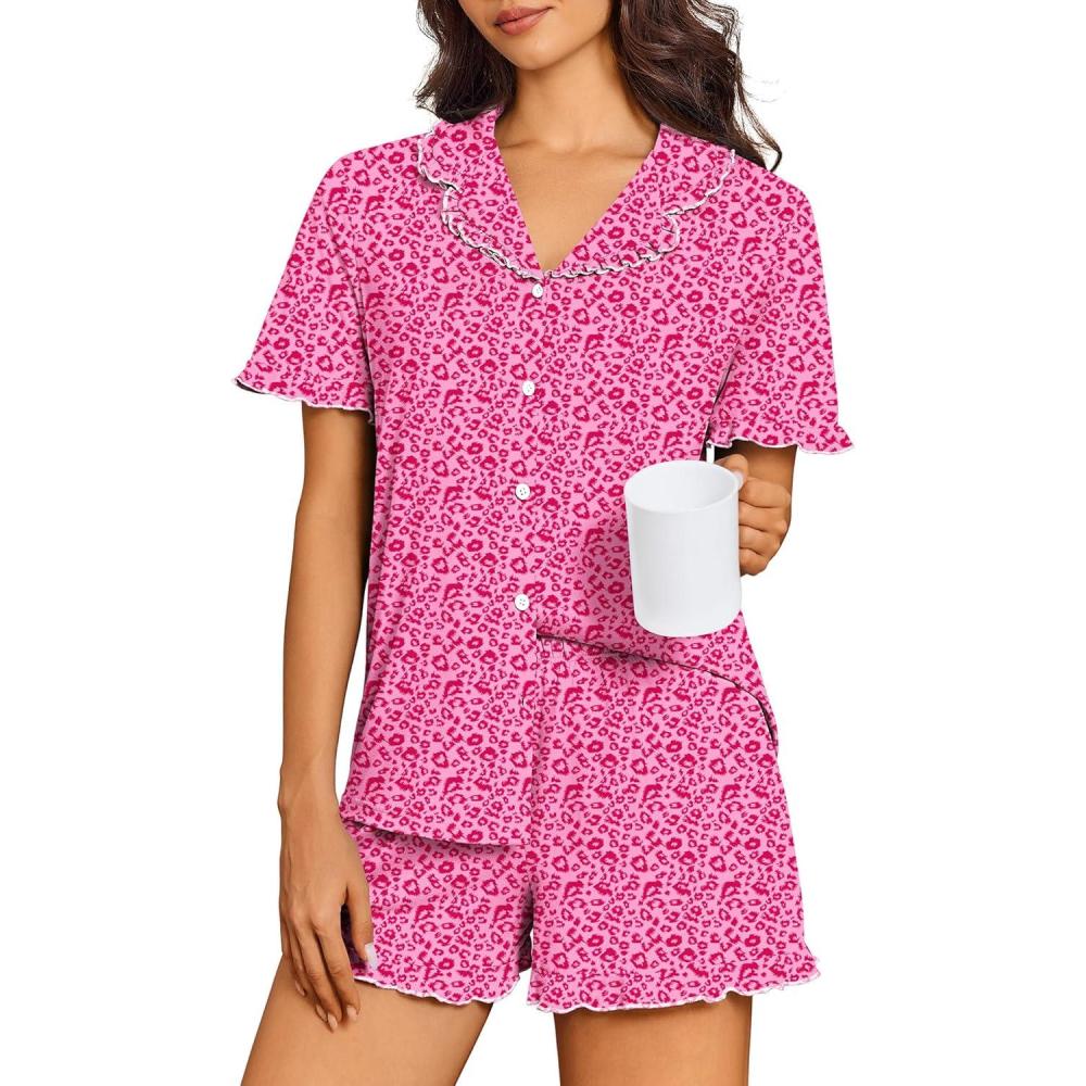 imageEkouaer Pajamas for Women Set Short Sleeve Button Down Pjs Cute Ruffle Sleepwear 2 Piece Soft Lounge SetsPink Leopard