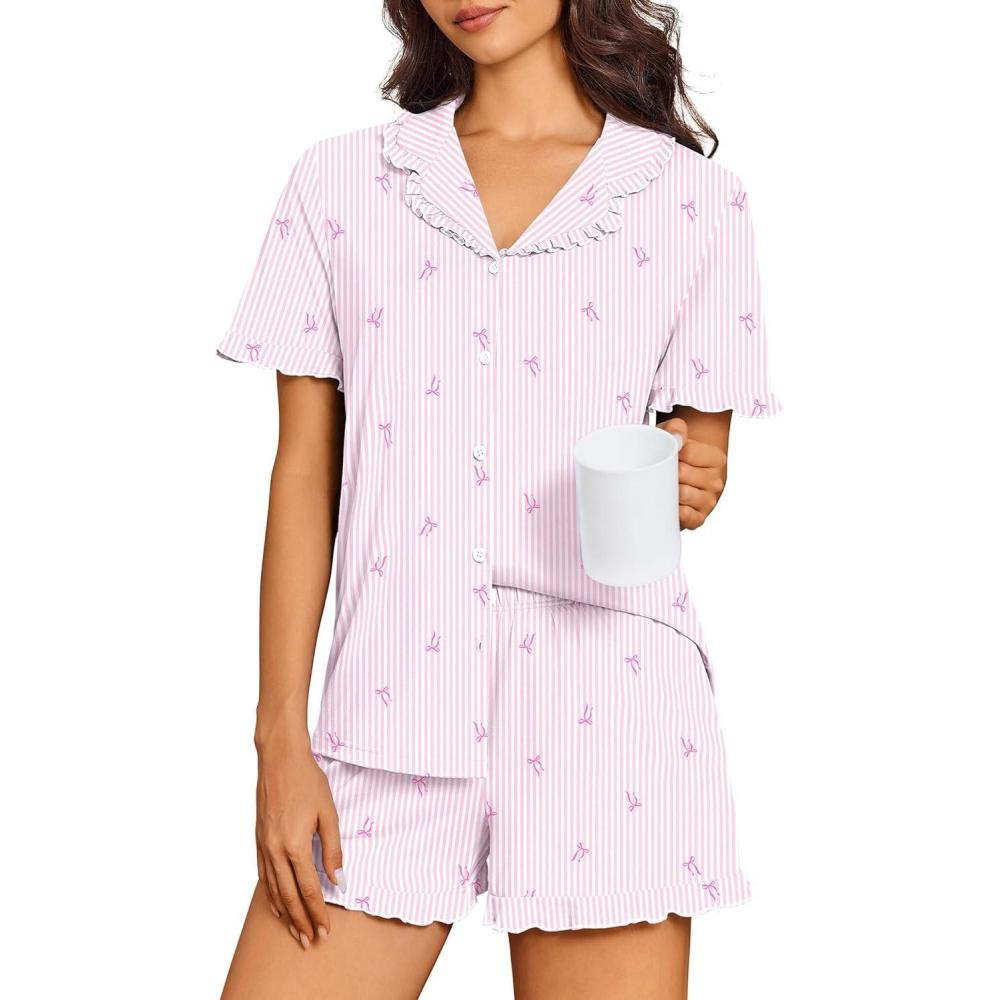 imageEkouaer Pajamas for Women Set Short Sleeve Button Down Pjs Cute Ruffle Sleepwear 2 Piece Soft Lounge SetsStrip Pink Bow