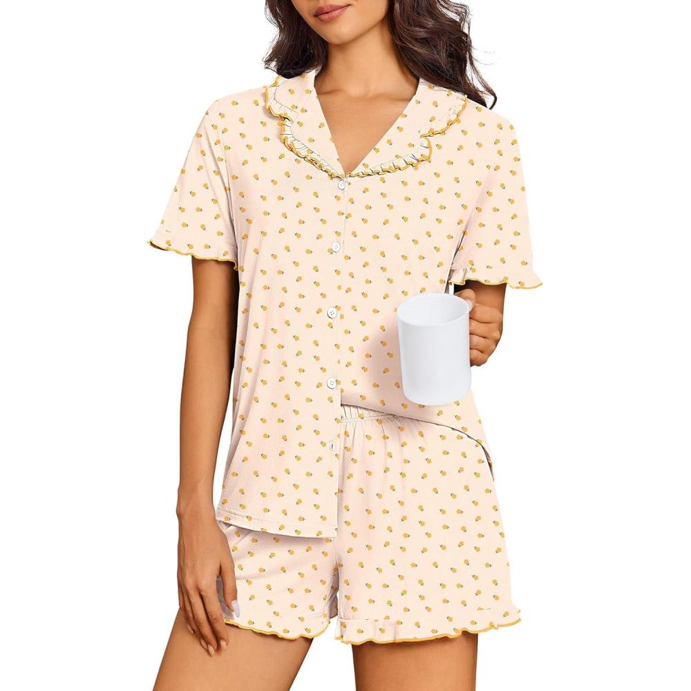 imageEkouaer Pajamas for Women Set Short Sleeve Button Down Pjs Cute Ruffle Sleepwear 2 Piece Soft Lounge SetsYellow Floral