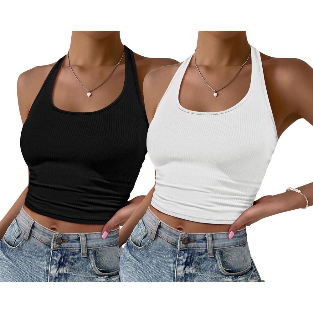 imageEkouaer Women Halter Top Backless Scroop Neck Slim Stretchy Ribbed Knit Camisole Crop Tops SXXLBlackwhite