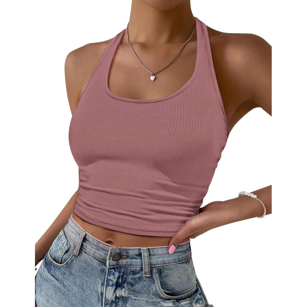imageEkouaer Women Halter Top Backless Scroop Neck Slim Stretchy Ribbed Knit Camisole Crop Tops SXXLDusty Pink