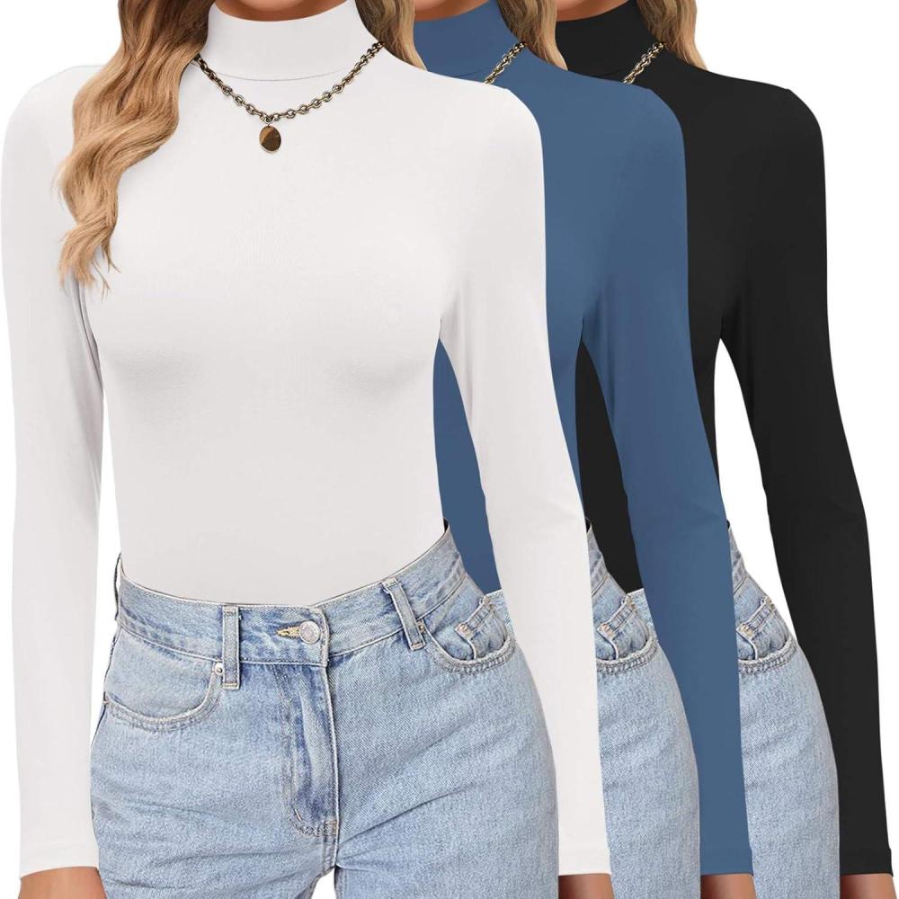 imageEkouaer Womens 3 Pack Turtleneck Shirts Long Sleeve Mock Tops Lightweight Basic Layering ThermalBlackWhiteBlue