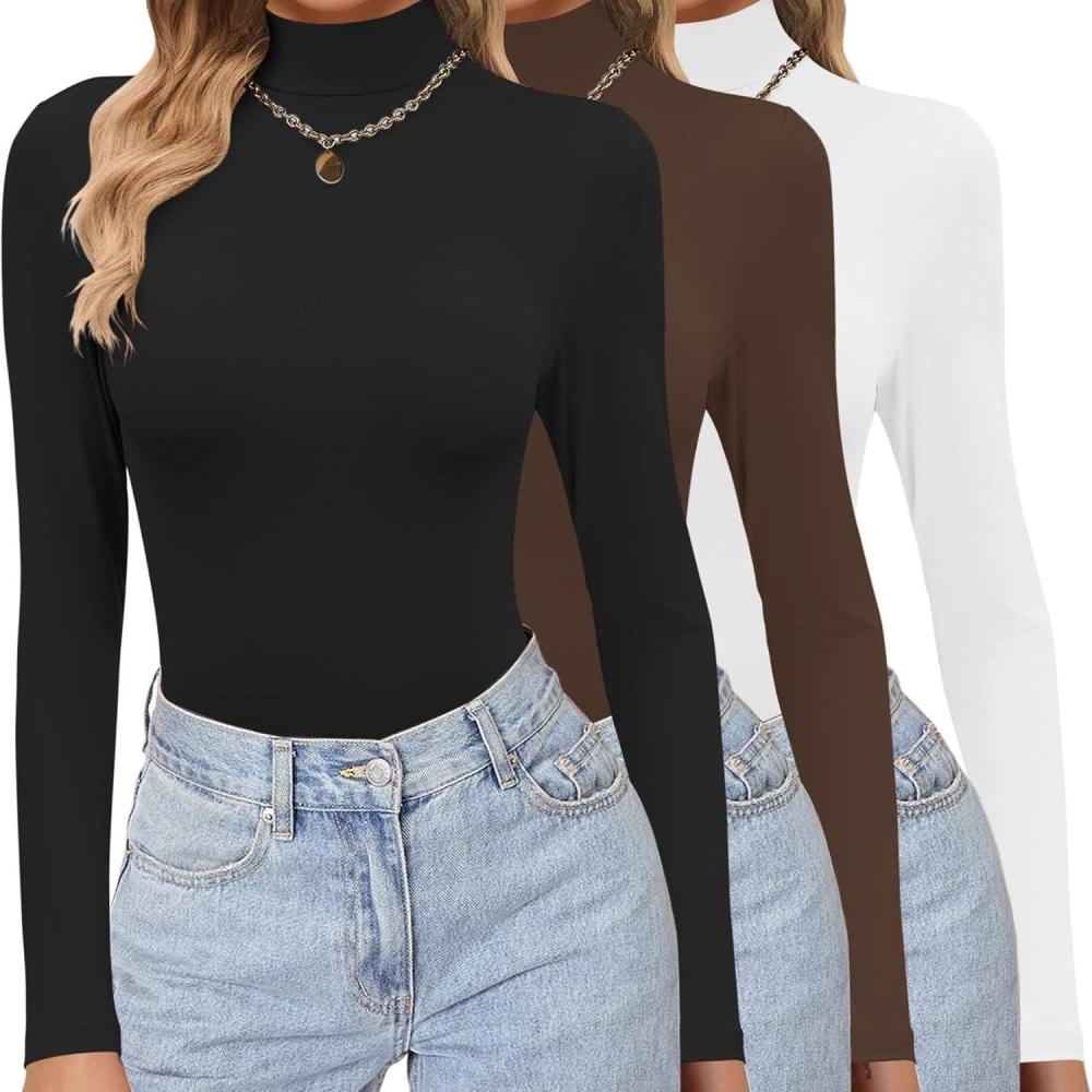 imageEkouaer Womens 3 Pack Turtleneck Shirts Long Sleeve Mock Tops Lightweight Basic Layering ThermalBlackWhiteBrown