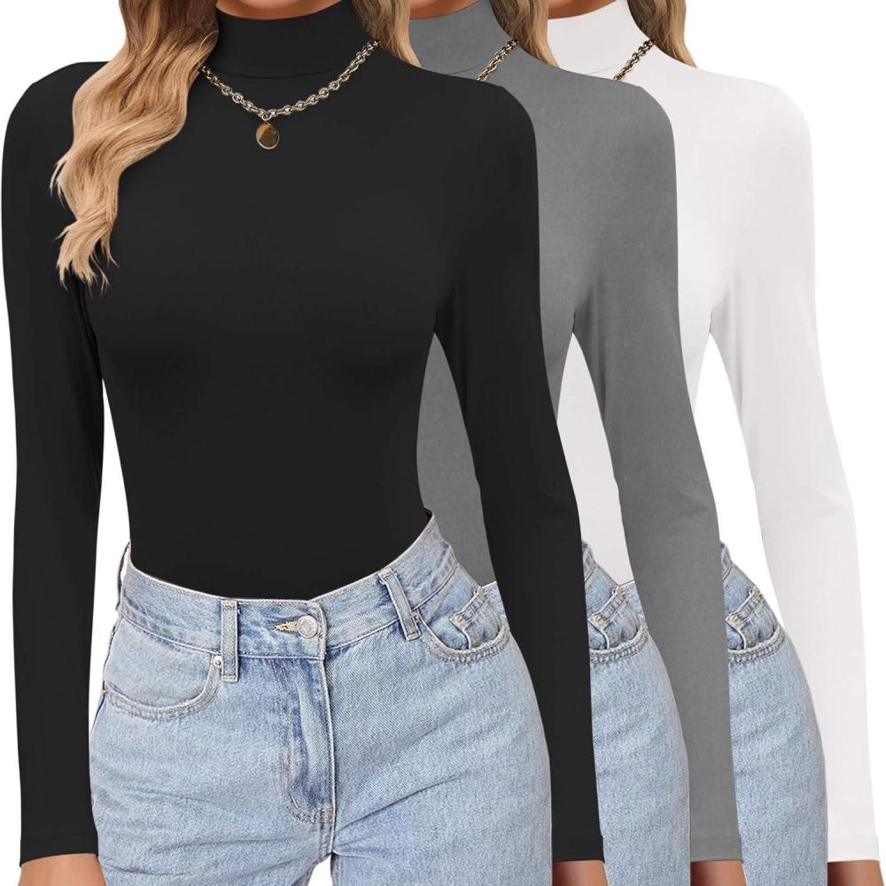 imageEkouaer Womens 3 Pack Turtleneck Shirts Long Sleeve Mock Tops Lightweight Basic Layering ThermalBlackWhiteDeep Grey