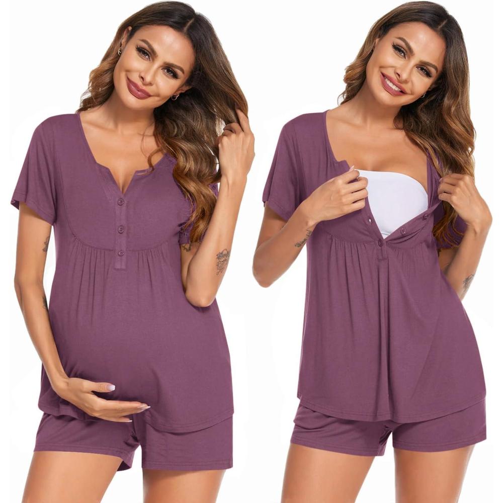 imageEkouaer Womens Maternity Nursing Pajama Sets Short Sleeve Postpartum Pajamas Breastfeeding Pregnancy ClothesGrey Purple