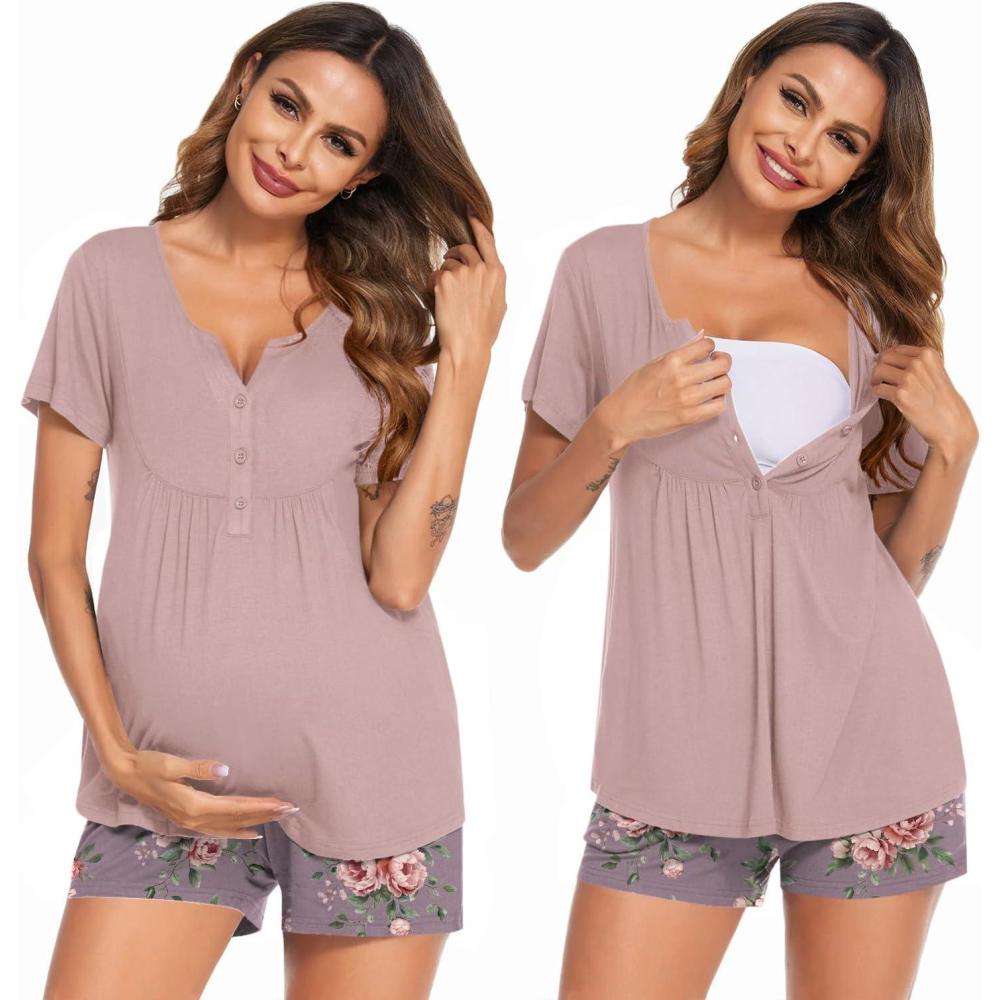 imageEkouaer Womens Maternity Nursing Pajama Sets Short Sleeve Postpartum Pajamas Breastfeeding Pregnancy ClothesPurple Floral