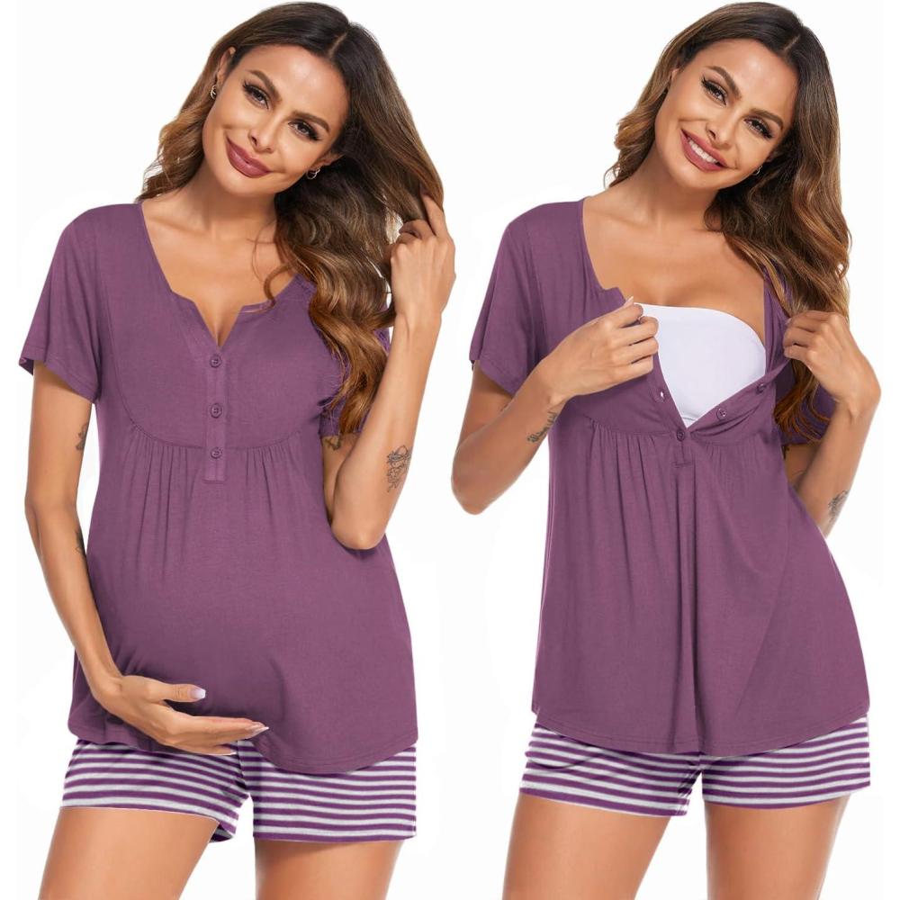 imageEkouaer Womens Maternity Nursing Pajama Sets Short Sleeve Postpartum Pajamas Breastfeeding Pregnancy ClothesPurple Stripe