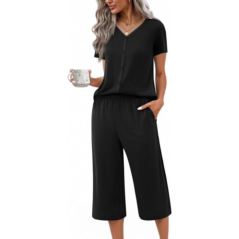 imageEkouaer Womens Pajama Sets Short Sleeve Sleepwear Button Up Pj Loungewear Top and Capri Pants with PocketsBlack