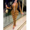 Ekouaer Christmas Onesie Women Sexy Pajamas Zipper Halloween Onepiece Bodycon Outfit Jumpsuit Costume S-XXL(Yellow Pumpkin Print)
