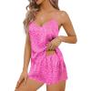 Ekouaer Satin Pajama Set for Women 2 Piece Silky Pjs Lace Cami Top and Shorts V Neck Lingerie Soft Nightwear(Red Leopard Print)