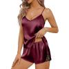 Ekouaer Satin Pajama Set for Women 2 Piece Silky Pjs Lace Cami Top and Shorts V Neck Lingerie Soft Nightwear(Wine Red)