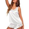 Ekouaer Womens Silk Pajamas Set 2 Piece Satin Camisole Pjs V Neck Tank Top and Shorts with Ruffle Sleepwear(White)
