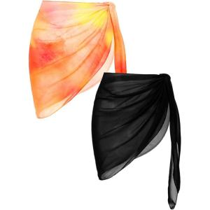 Ekouaer 2 Pcs Sarong Coverups for Women Beach Wrap Skirt Chiffon Swimsuit Coverup for Swimwear S-XXL(B-black/Orange Yellow)