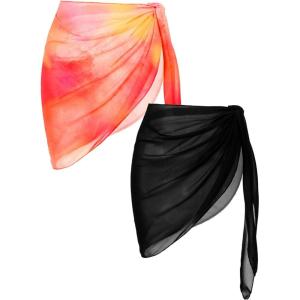 Ekouaer 2 Pcs Sarong Coverups for Women Beach Wrap Skirt Chiffon Swimsuit Coverup for Swimwear S-XXL(B-black/Red Orange)