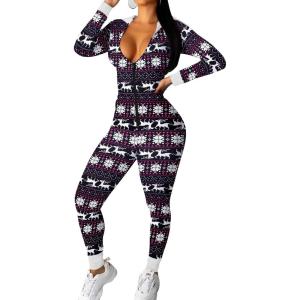 Ekouaer Christmas Onesie Women Sexy Pajamas Zipper Halloween Onepiece Bodycon Outfit Jumpsuit Costume S-XXL(Black Deer Print)