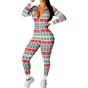 Ekouaer Christmas Onesie Women Sexy Pajamas Zipper Halloween Onepiece Bodycon Outfit Jumpsuit Costume S-XXL(Christmas Snowflake Elk)