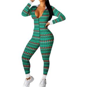 Ekouaer Christmas Onesie Women Sexy Pajamas Zipper Halloween Onepiece Bodycon Outfit Jumpsuit Costume S-XXL(Christmas Stockings)