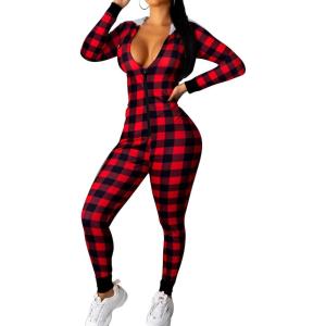 Ekouaer Christmas Onesie Women Sexy Pajamas Zipper Halloween Onepiece Bodycon Outfit Jumpsuit Costume S-XXL(Plaid Print)