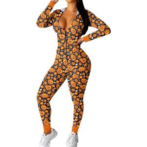 Ekouaer Christmas Onesie Women Sexy Pajamas Zipper Halloween Onepiece Bodycon Outfit Jumpsuit Costume S-XXL(Yellow Pumpkin Print)