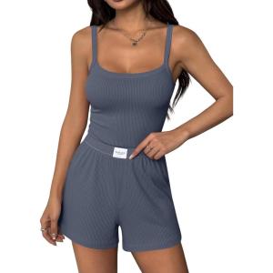 Ekouaer Lounge Sets for Women 2 Piece Sleeveless Pajamas Sets Knit Casual Summer Cami Tank Tops and Shorts(Blue Gray)