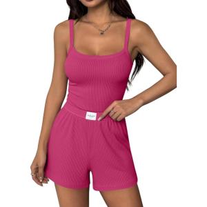 Ekouaer Lounge Sets for Women 2 Piece Sleeveless Pajamas Sets Knit Casual Summer Cami Tank Tops and Shorts(Hot Pink)