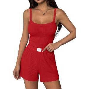 Ekouaer Lounge Sets for Women 2 Piece Sleeveless Pajamas Sets Knit Casual Summer Cami Tank Tops and Shorts(Red)