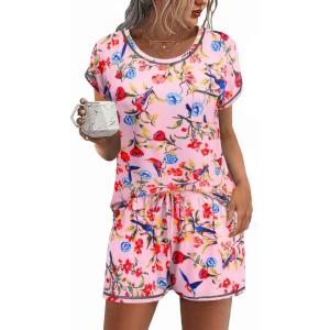 Ekouaer Pajama Set for Women Short Sleeve Tops and Shorts Set 2 Piece Pjs Classic Loungewear with Pockets(Cartoon Parrot Garden)