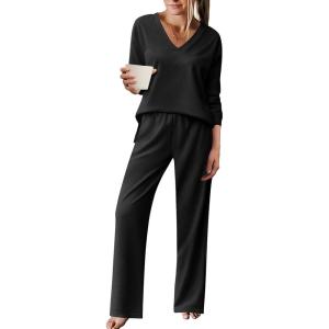 Ekouaer Pajama for Womens Set Ploar Fleece Long Sleeve Lounge Sets Fall Pjs V Neck Comfy Sleepwear with Pockets(Black)