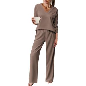 Ekouaer Pajama for Womens Set Ploar Fleece Long Sleeve Lounge Sets Fall Pjs V Neck Comfy Sleepwear with Pockets(Brown)