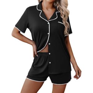 Ekouaer Pajamas for Women Set 2 Piece Soft Button Up Pjs Short Sleeve Summer Lounge Sets Comfy Sleepwear(Black)