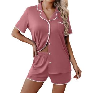 Ekouaer Pajamas for Women Set 2 Piece Soft Button Up Pjs Short Sleeve Summer Lounge Sets Comfy Sleepwear(Dusty Mauve)
