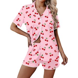 Ekouaer Pajamas for Women Set 2 Piece Soft Button Up Pjs Short Sleeve Summer Lounge Sets Comfy Sleepwear(Red Cherry)