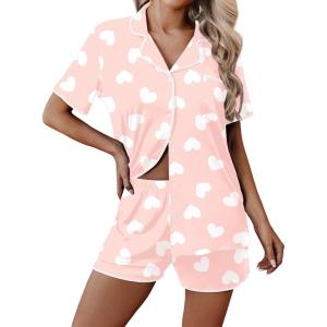 Ekouaer Pajamas for Women Set 2 Piece Soft Button Up Pjs Short Sleeve Summer Lounge Sets Comfy Sleepwear(White Heart)