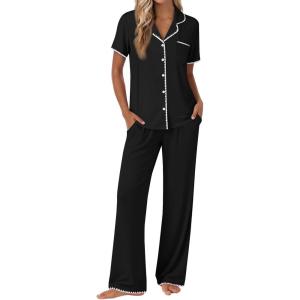 Ekouaer Pajamas for Women Set Button Up Soft Pjs Short Sleeve 2 Piece Lounge Sets Comfy Sleepwear(Black)