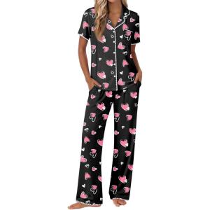 Ekouaer Pajamas for Women Set Button Up Soft Pjs Short Sleeve 2 Piece Lounge Sets Comfy Sleepwear(Black With Pink Hearts)