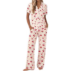 Ekouaer Pajamas for Women Set Button Up Soft Pjs Short Sleeve 2 Piece Lounge Sets Comfy Sleepwear(Cherry Teddy Bear)