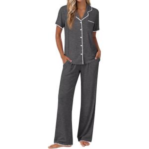 Ekouaer Pajamas for Women Set Button Up Soft Pjs Short Sleeve 2 Piece Lounge Sets Comfy Sleepwear(Deep Grey)
