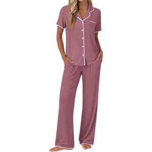 Ekouaer Pajamas for Women Set Button Up Soft Pjs Short Sleeve 2 Piece Lounge Sets Comfy Sleepwear(Dusty Mauve)