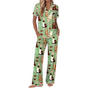 Ekouaer Pajamas for Women Set Button Up Soft Pjs Short Sleeve 2 Piece Lounge Sets Comfy Sleepwear(Green Cat Print)
