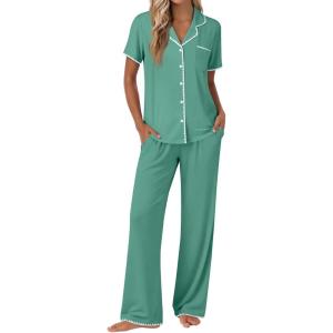 Ekouaer Pajamas for Women Set Button Up Soft Pjs Short Sleeve 2 Piece Lounge Sets Comfy Sleepwear(Green Gray)