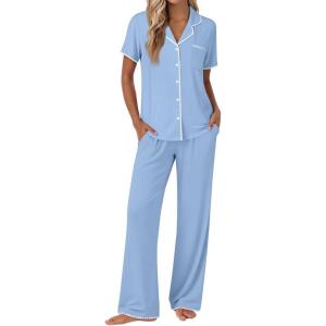 Ekouaer Pajamas for Women Set Button Up Soft Pjs Short Sleeve 2 Piece Lounge Sets Comfy Sleepwear(Light Blue)