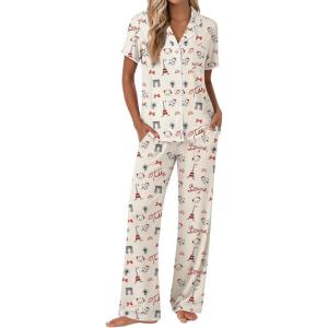 Ekouaer Pajamas for Women Set Button Up Soft Pjs Short Sleeve 2 Piece Lounge Sets Comfy Sleepwear(Paris Teddy)