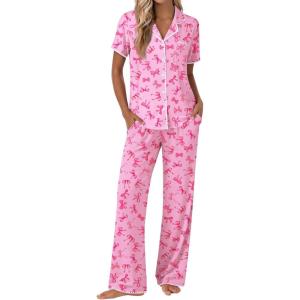 Ekouaer Pajamas for Women Set Button Up Soft Pjs Short Sleeve 2 Piece Lounge Sets Comfy Sleepwear(Pink Bow Tie)