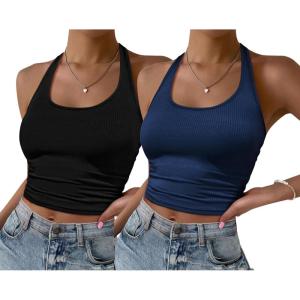 Ekouaer Women Halter Top Backless Scroop Neck Slim Stretchy Ribbed Knit Camisole Crop Tops S-XXL(Black+navy)