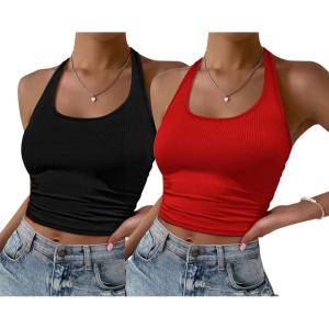 Ekouaer Women Halter Top Backless Scroop Neck Slim Stretchy Ribbed Knit Camisole Crop Tops S-XXL(Black+red)