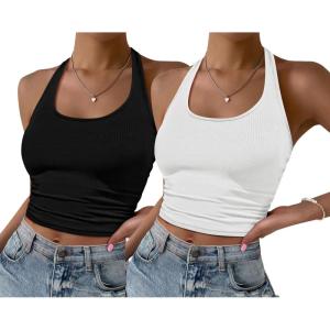 Ekouaer Women Halter Top Backless Scroop Neck Slim Stretchy Ribbed Knit Camisole Crop Tops S-XXL(Black+white)