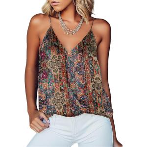 Ekouaer Women’s Silk Satin Camisole Tank Tops V Neck Sleeveless Spaghetti Straps Blouse Casual Racerback Shirt(Ethnic Style)