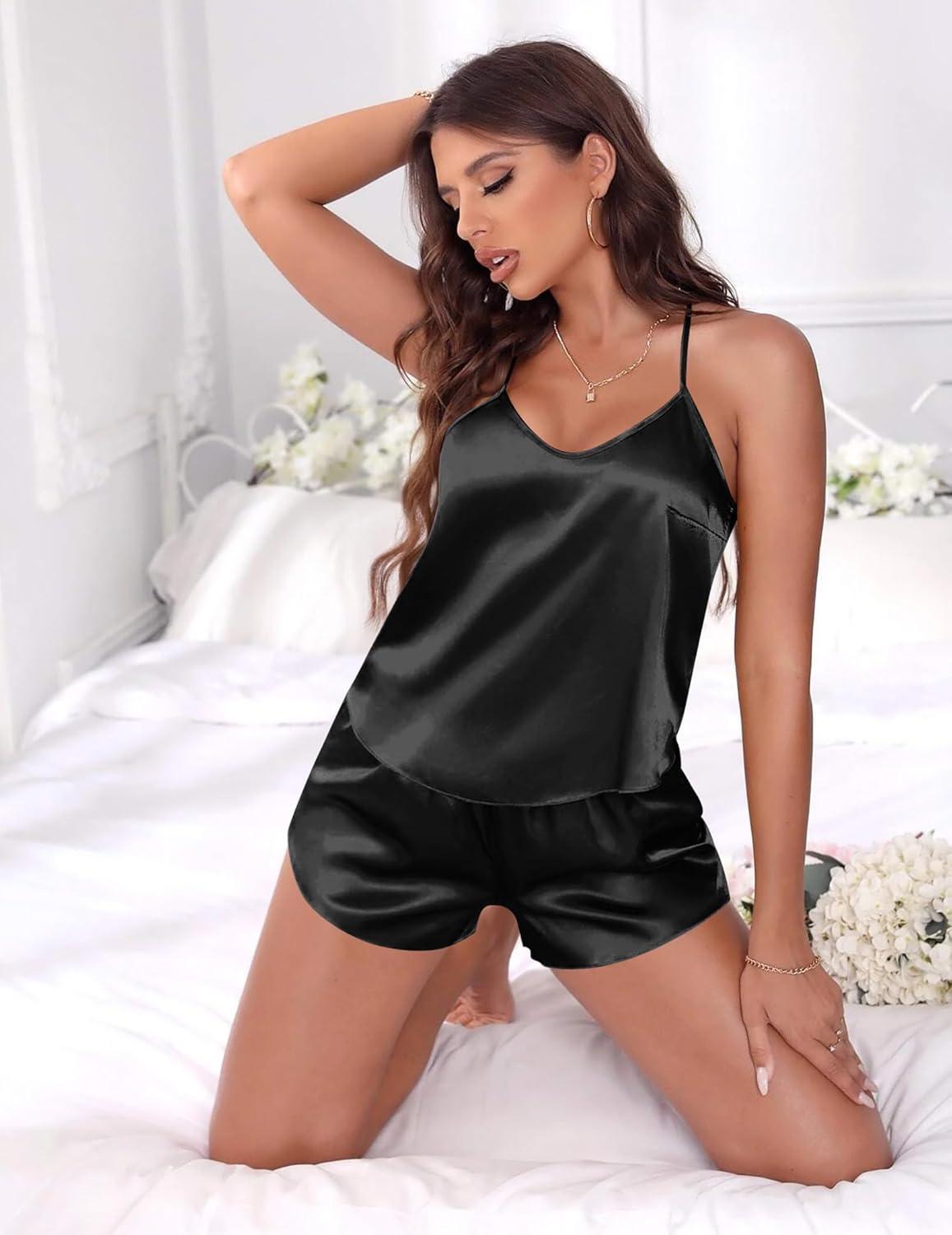 imageEKOUAER Silky Pajama Set for Women VNeck Satin Camisole Lingerie Sets Party Loungewear SleepwearBlack